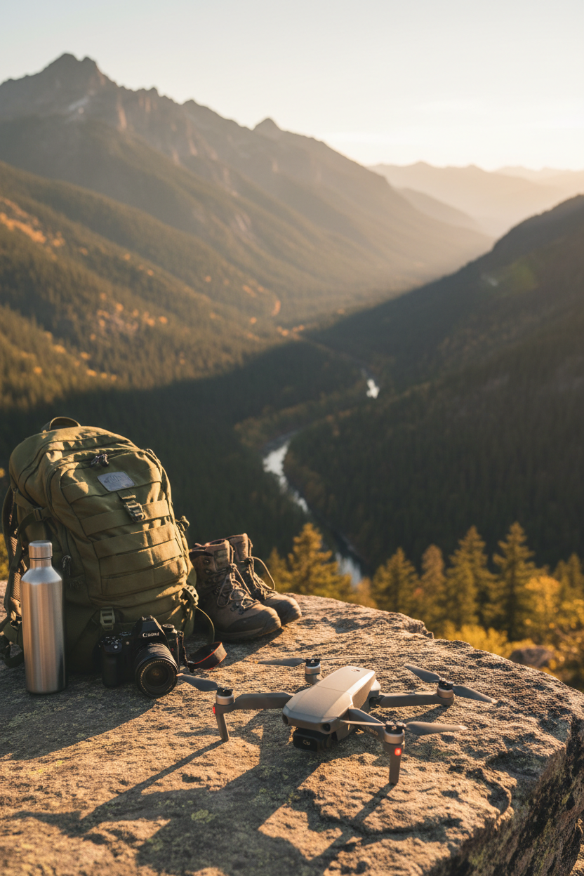 E88 Pro foldable drone on a rocky mountain overlook at golden hour with hiking gear and dramatic landscape