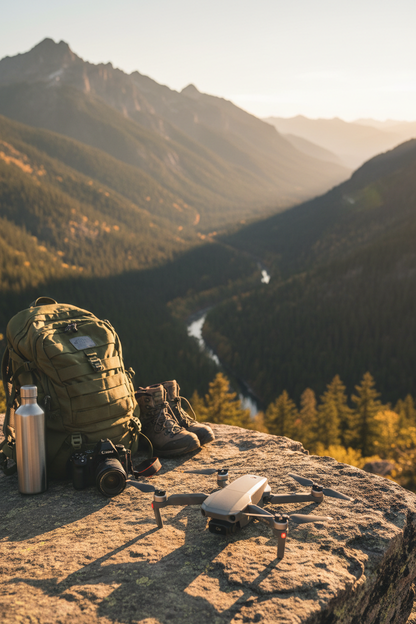 E88 Pro foldable drone on a rocky mountain overlook at golden hour with hiking gear and dramatic landscape