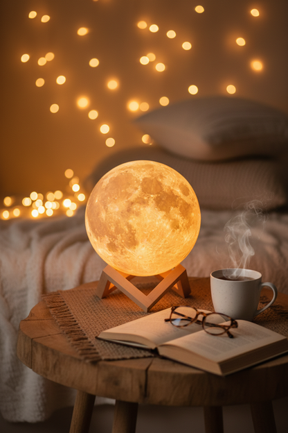 Moon lamp glowing warmly on a cozy bedside table with fairy lights and a cup of tea